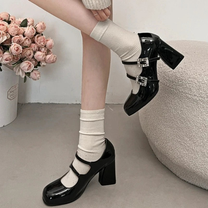 Soufree  -  High Heeled Mary Jane Shoes Round Head Chunky Heel Sandals Women Patent Leather Rhinestone Belt Buckle Platform Mary Janes Pumps