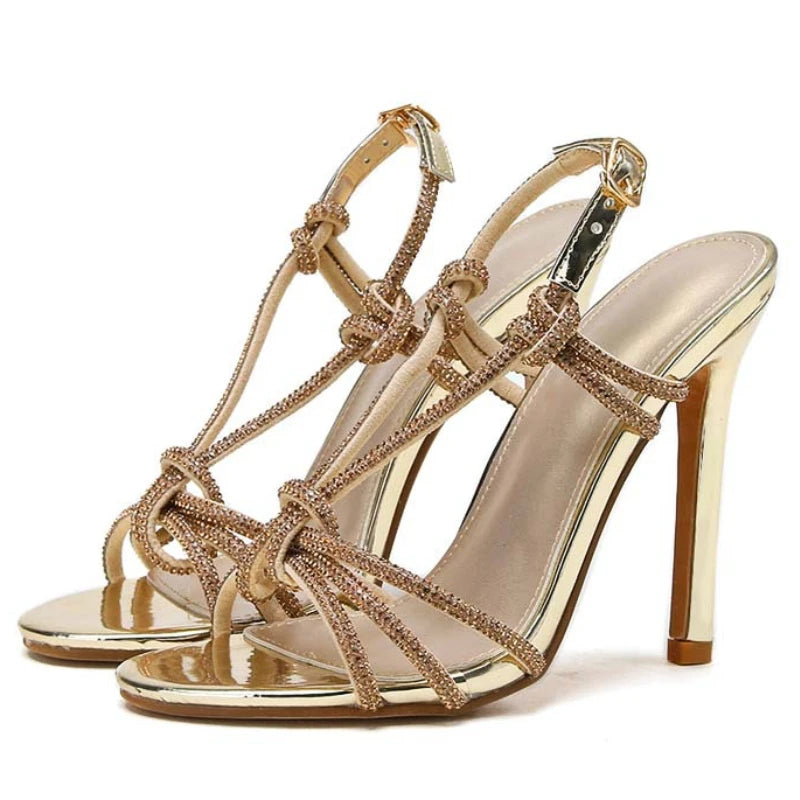 Soufree  -  Rhinestone Stiletto Heel Sandals Women Gold Open Toe Roman Sandals Women Summer Shine Sexy Striptease Heels Party Dress Shoes