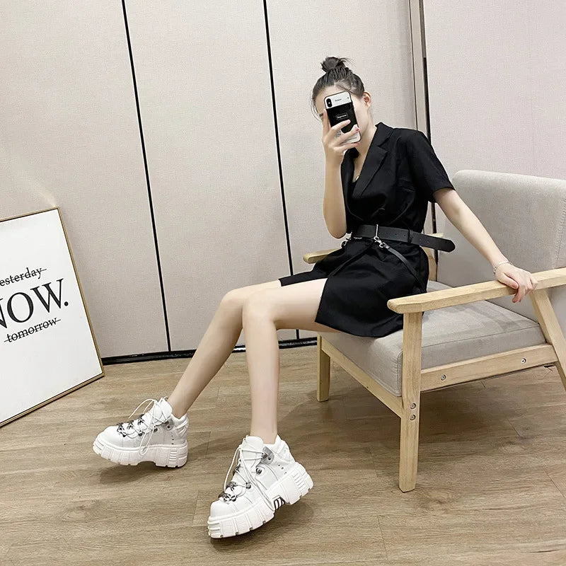 Soufree  -  Brand Punk Style Women Shoes Lace-up heel height 6CM Platform Shoes Woman Gothic Ankle Boots Metal Decor Woman Sneakers