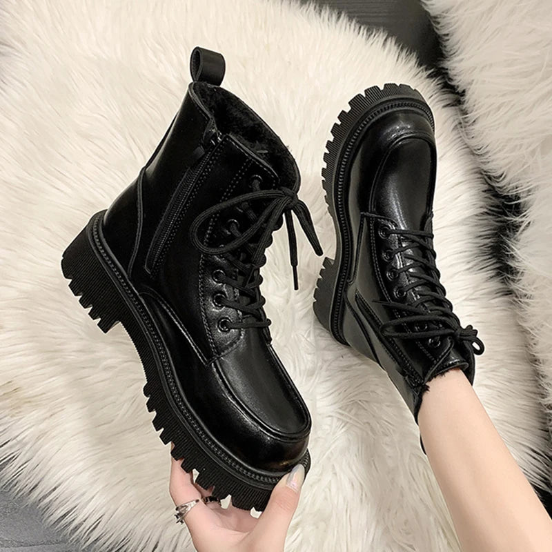 Soufree  - Autumn Winter Platform Ankle Boots Women Thick Sole Pu Leather Biker Boots Woman Short Plush Lace-Up Shoes Female