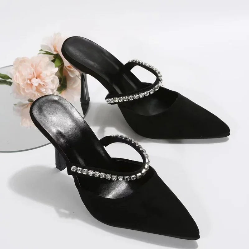 Soufree  -  Black high-heeled shoes women's spring new women's shoes stiletto pointed toe pumps satin rhinestone glitter mules pumps