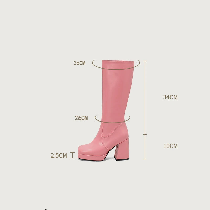 Soufree  -  Purple Pink Green Punk Shoes Knee High Boots Women Square Toe Platform Side Zipper Chunky High Heels Motorcycle Boots Size 47 48