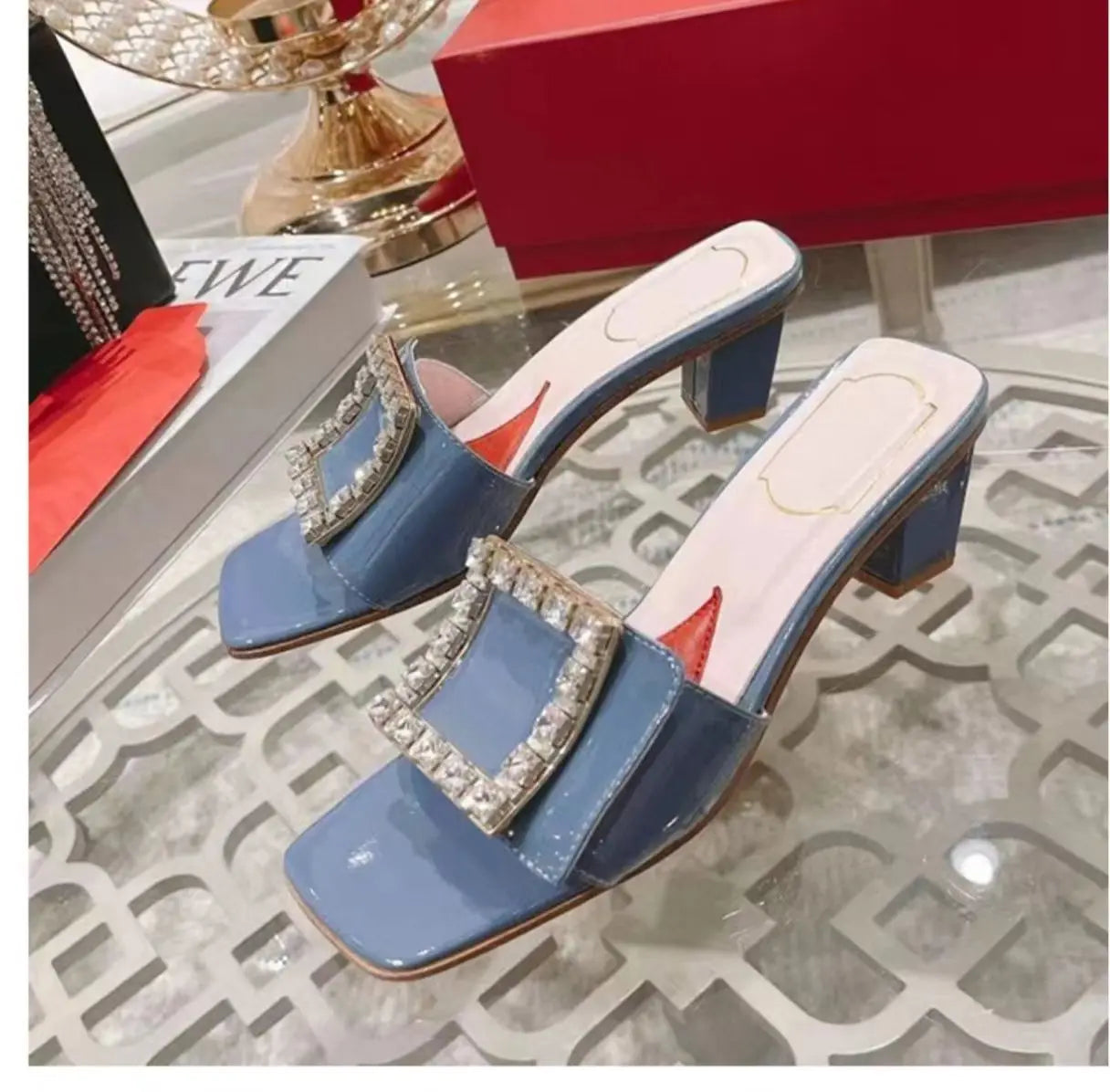 Soufree  -  Square buckle rhinestone fashionable women's shoes new square toe low thick heel open toe elegant sandals for external wear