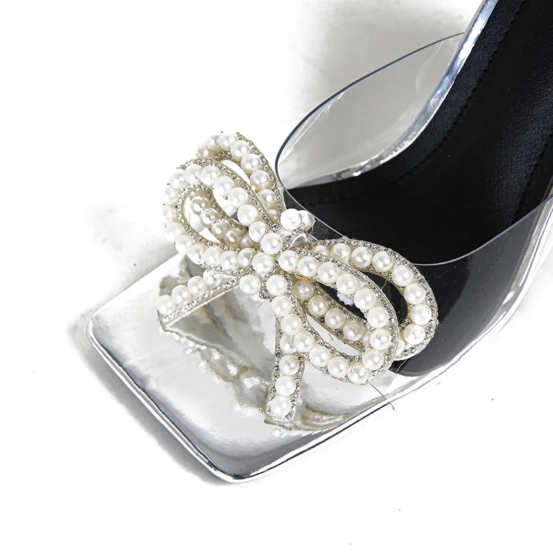 Soufree  -  Butterfly Knot String Bead High Heel Sandals Mules Summer Fashion PVC transparent Square Toe Slides Women Pumps Shoes