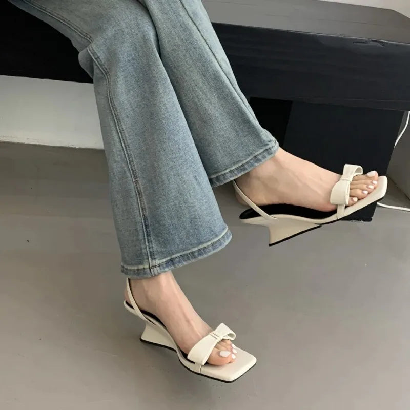 Soufree  -  Pink Bow Line Band Wedge Women Sandals Explosive Summer New Open Toe Lace-up Heel Shoes