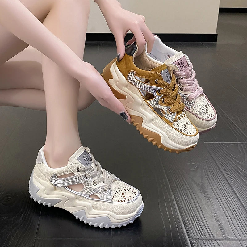 Soufree  -  Classic Women Chunky Sneakers PU High Heels Lace Up Platform Women Shoes Solid Hollow out Round Toe Vulcanize Shoes Plus Size