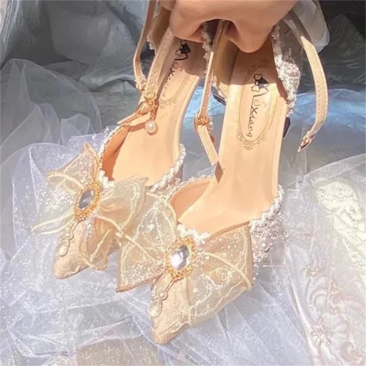 Soufree  -  Elegant Retro Lolita Court Style Cosplay Flower Wedding Girl Gorgeous Satin Bow Pearl Gem Ribbon Flower 8.5cm High Heels Shoes