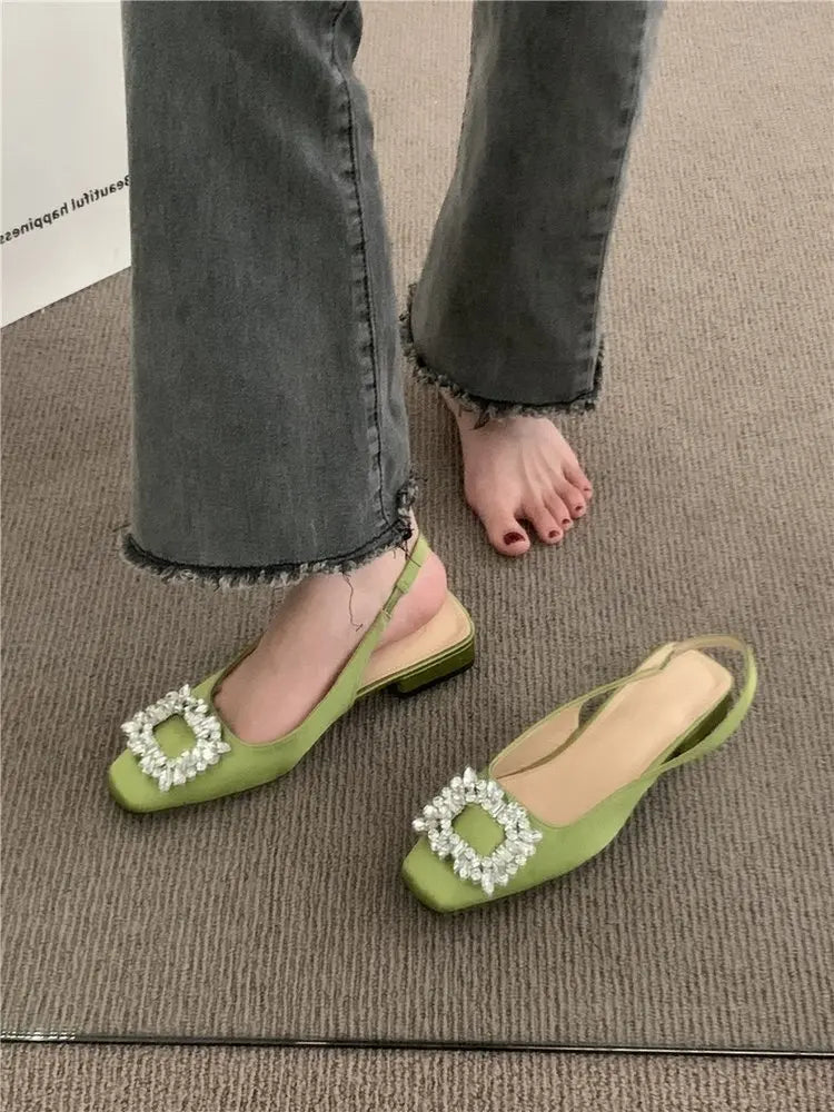 Soufree  -  Block Heels Rhinestone Sandals  Summer Clear Shoes Suit Female Beige Square Toe Buckle Chunky Black Closed New Retro Open Co