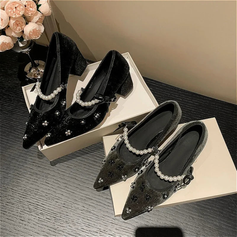 Soufree  -  Pearl Design Mary Jane Shoes Flannel Pointed Toe Pumps Women Elegant Fashion Dress Shoes Female Comfy Chunky Classic Women Shoes