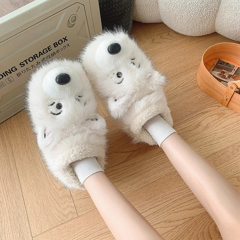 Soufree  -  Cute Cartoon Dog Fluffy Shoes For Women Men Winter Home Floor Slippers Anti-slip Light Weight Couples Indoor Warm Footwear