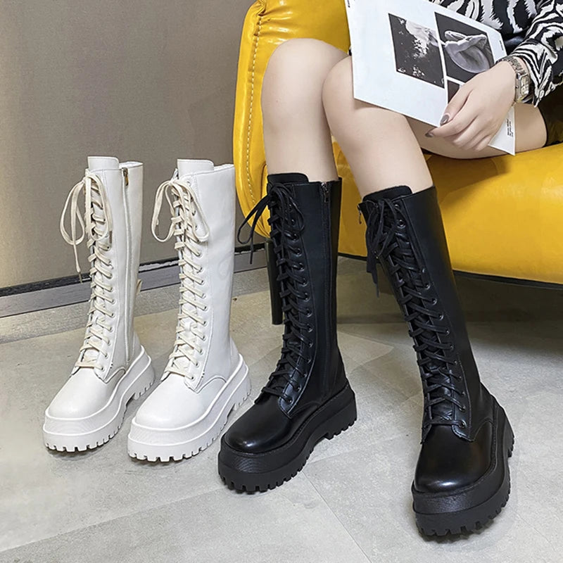 Soufree  -  Chunky Platform Punk Boots Women Autumn Winter Thick Bottom Knee High Boots Woman Fashion PU Leather Motorcycle Botas Mujer