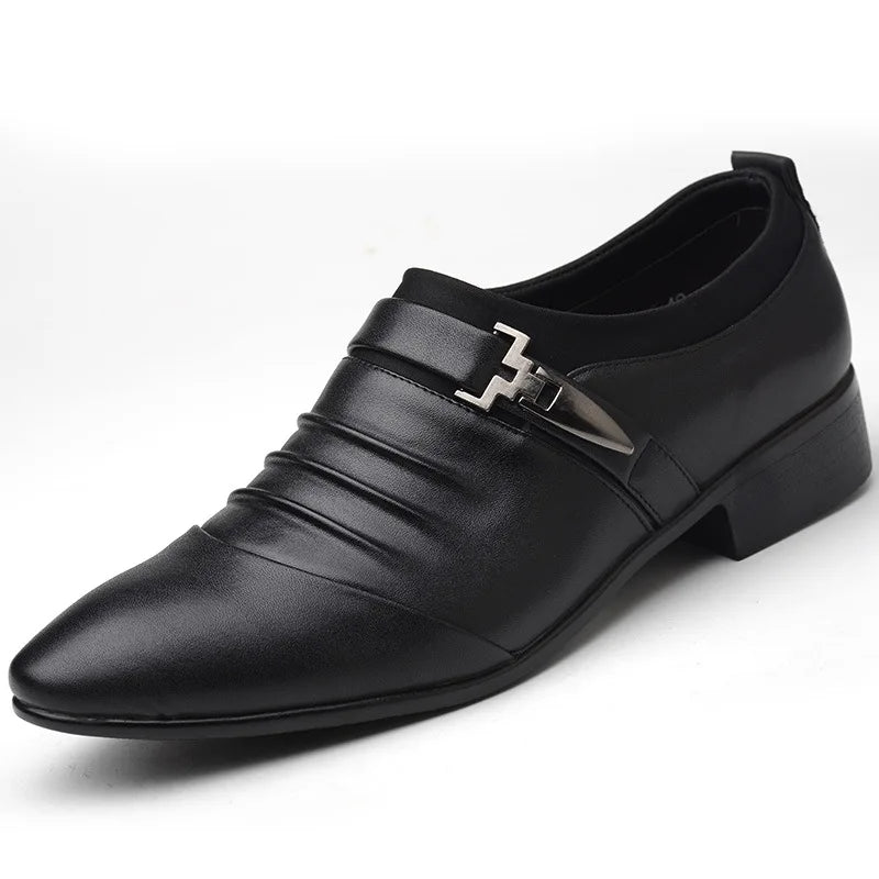 Soufree  -  Classic Men Dress Shoes Slip on Black Leather Shoes for Men Plus Size Point Toe Business Casual Men Formal Shoes for Wedding