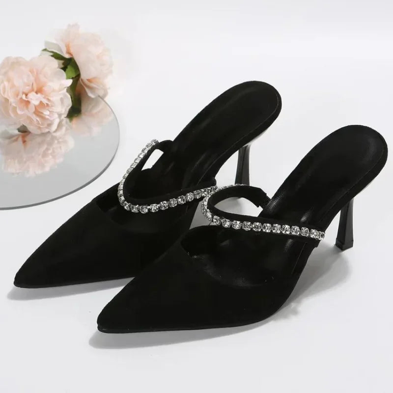 Soufree  -  Black high-heeled shoes women's spring new women's shoes stiletto pointed toe pumps satin rhinestone glitter mules pumps