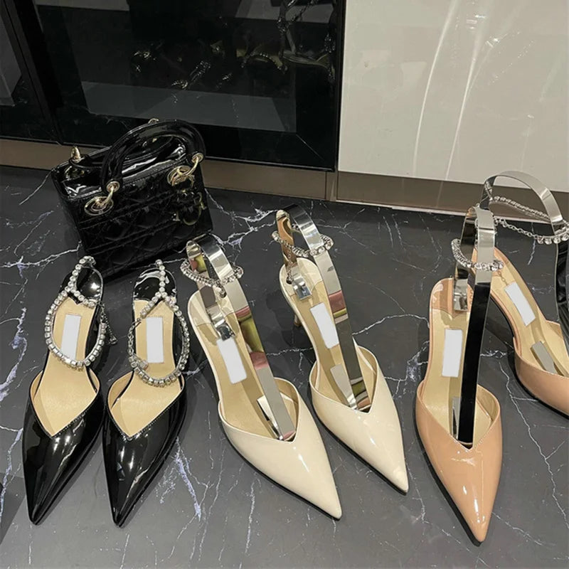 Soufree  - Newest Shallow Mouth Pointed Sandals Women Summer Pendant Buckle Stiletto Heels Diamond Chain Wedding Shoes