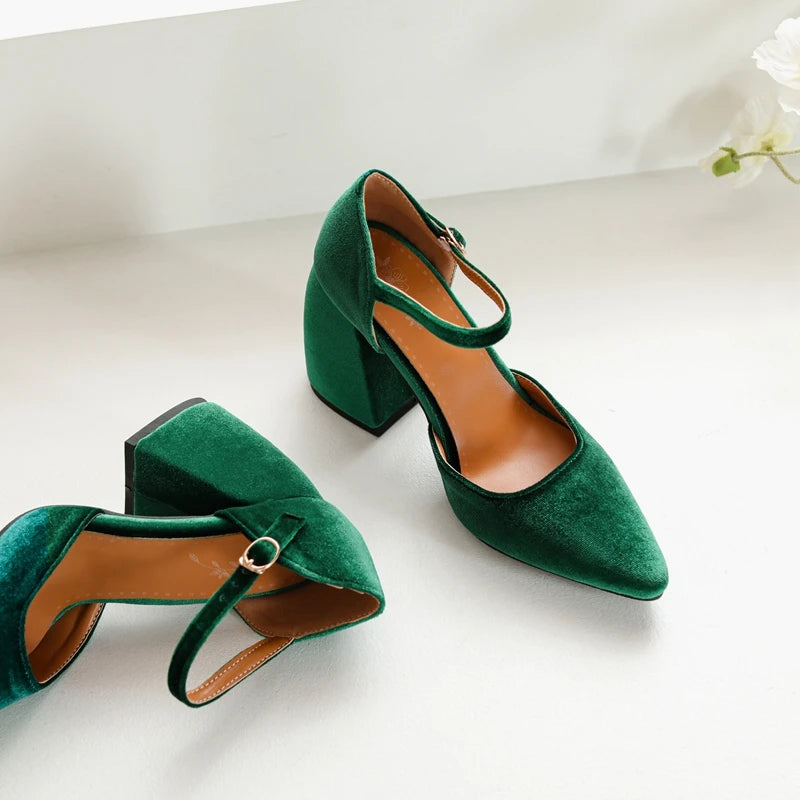 Soufree  -  Elegant Velvet High Heels Shoes Female Sexy Ankle Straps Black Green Women's Heeled Pointy Party Shoe Dress Pumps Ladies 45