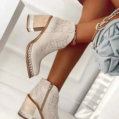 Soufree  -  Female Ankle Boots  Leather Women's Shoes Low Heel Cool British Embroidered Design Soft Short Boots Party Ladies Footwear PU