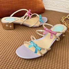 Soufree  -  Luxury Rhinestone Bow Design Sandals Women Chunky Mid Heel Slide Slippers Summer Open Toe Cute Flip Flops for Girls Zapato Mujer