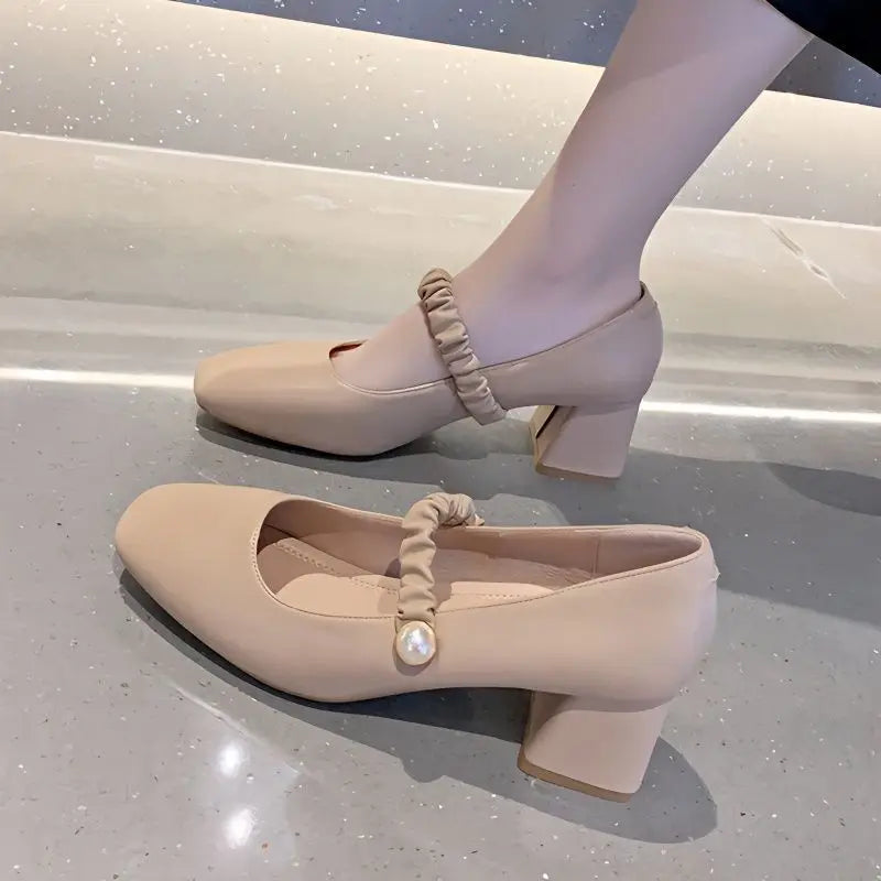 Soufree  -  Block Heel Shoes for Woman Pumps Women's Summer Footwear High Heels on Heeled Normal Leather Casual Chunky A Korean Style E