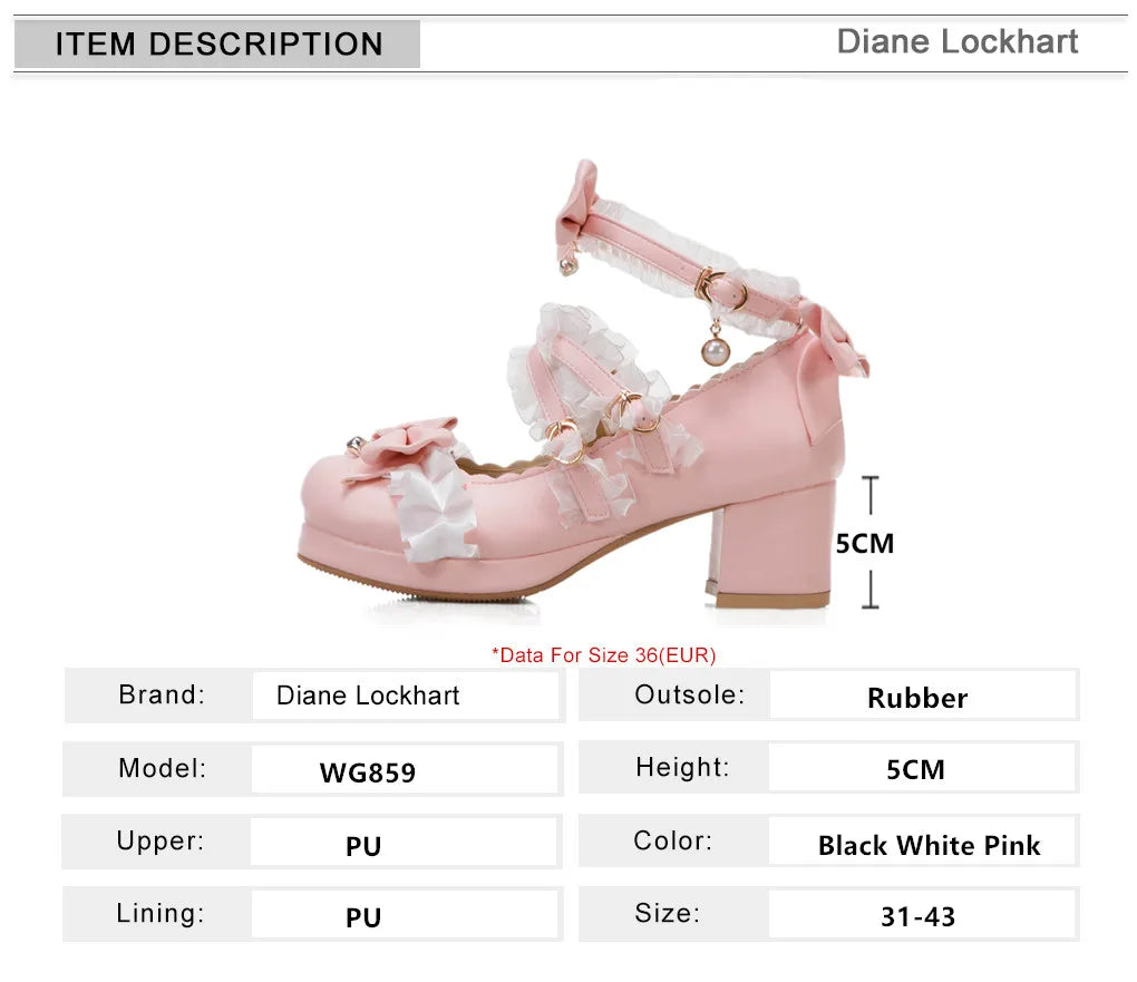 Soufree  -   Women High Heels Cross Strap Mary Jane Pumps Party Wedding White Pink Black Ruffles Bow Princess Cosplay Lolita Shoes 31-43