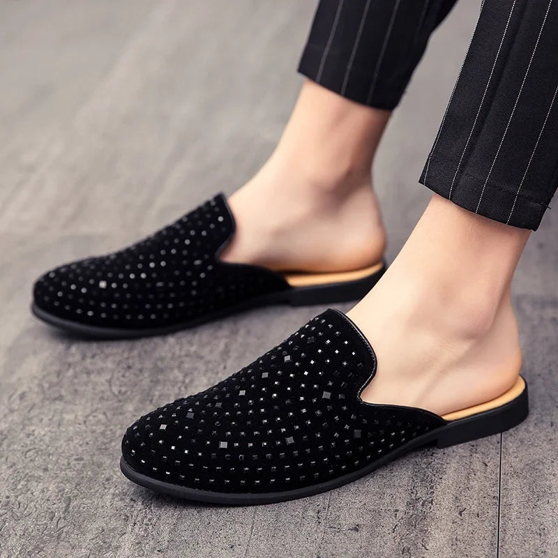 Soufree  - fall shoes Men Half Slipper Shoes For Men Rhinestone Luxury Loafers Fashion Zapatillas Hombre Casual Shoes Sapato Social Masculino Mules