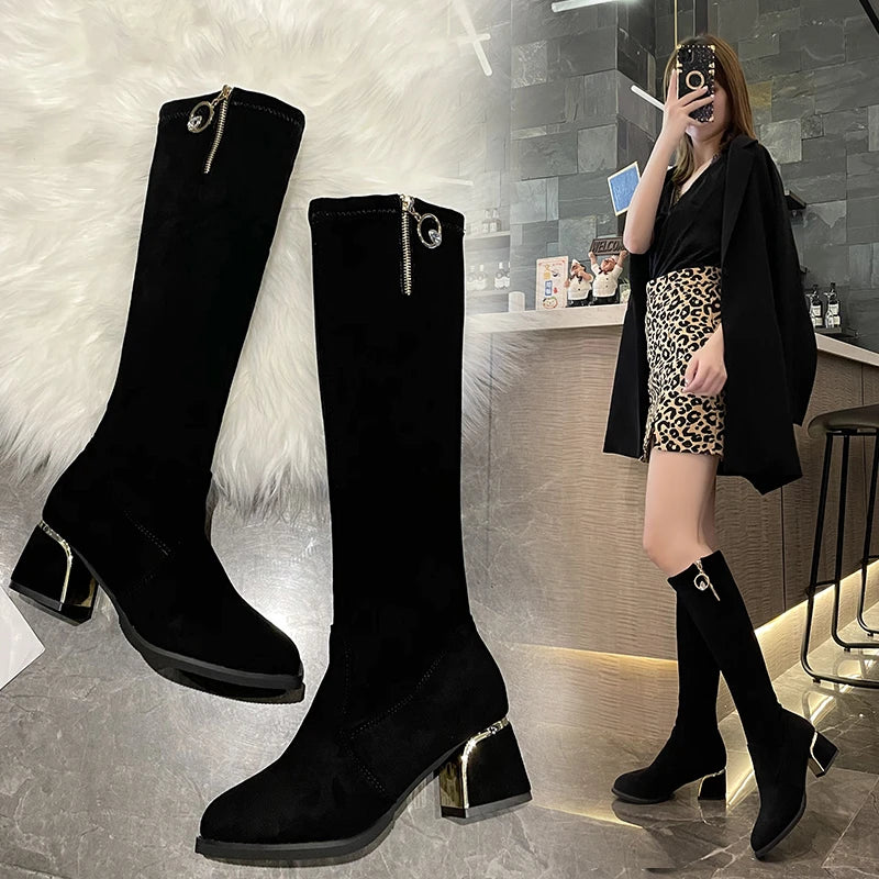 Soufree  -  Sexy High Boots for Women Shoes Woman New Flock Knee High Boots Women Autumn Winter Crystal Bling Zip High Heels Booties Female