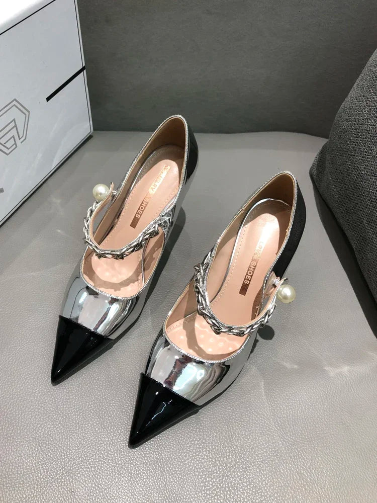 Soufree  -  Autumn New French High Heel Single Shoes Women's Pearl Lacquer Leather Colored Pointed Thin Heels Women's Shoes Small