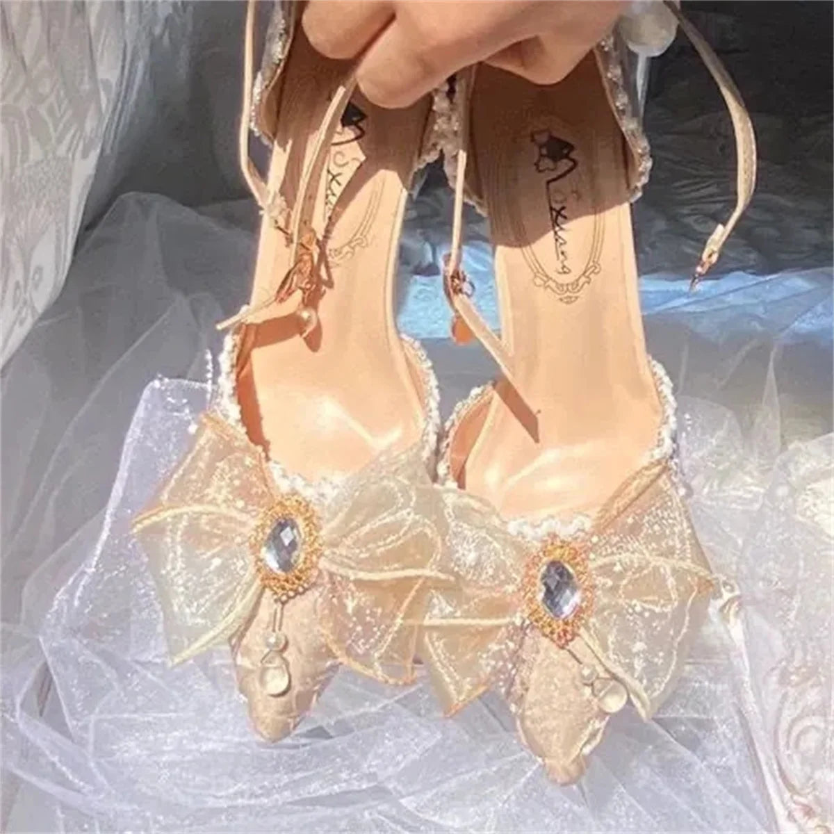 Soufree  -  Elegant Retro Lolita Court Style Cosplay Flower Wedding Girl Gorgeous Satin Bow Pearl Gem Ribbon Flower 8.5cm High Heels Shoes