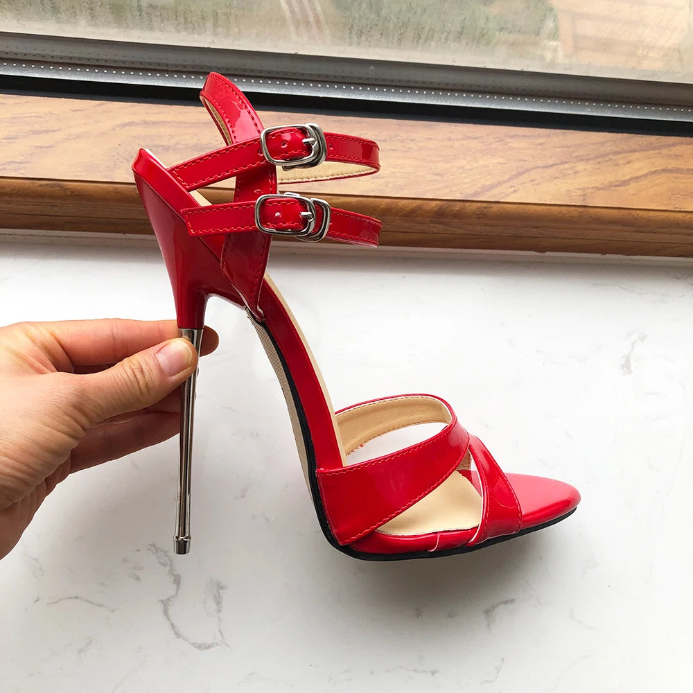 Soufree  -  16cm Extremely High Heel Women Ankle Strap Red Stiletto Sandals Sexy Open Toe Summer Shoes Wide Leg Plus Size 35-46