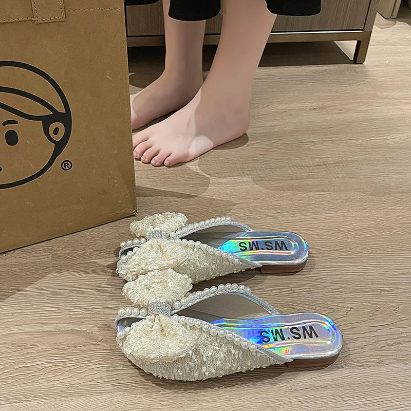 Soufree  -  Shoes Cover Toe Slippers Casual Slipers Women Low Slides String Bead Luxury Peep Soft  Flat Rome Fabric Fashion Rubber