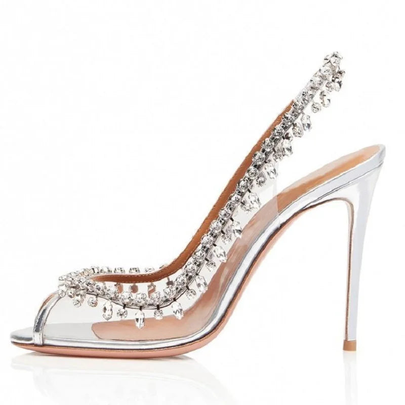 Soufree  -  Silver Pink PVC Clear Heeled Sandals Women Pumps Sexy Rhinestones Thin High Heels Shoes Pointed Toes Party Nightclub Sandals