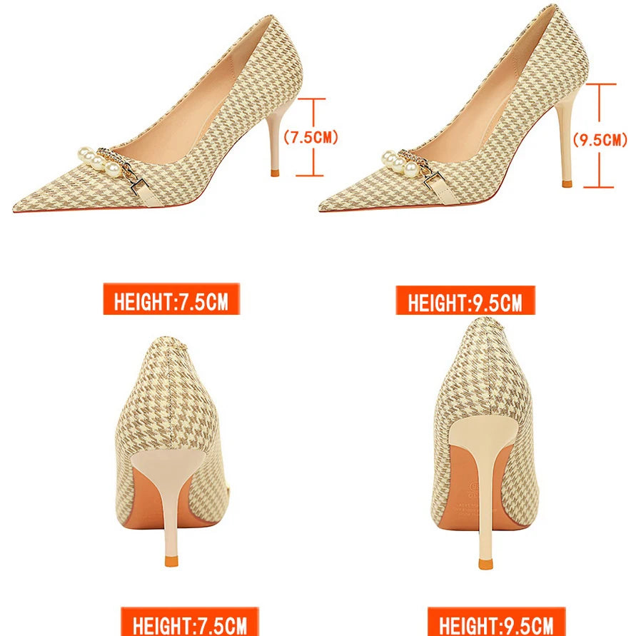 Soufree  -  Shoes Checked Grain Women Pumps Quality High Heels Pearl Chain Design Women Heels Stilettos Luxury Banquet Shoes