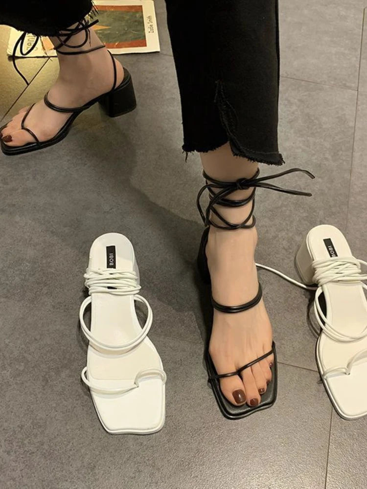 Soufree  -  Sweet French Niche High-heeled Strappy Sandals Women Summer New Fairy Style Shoes Female Open Toe Thick Heel Roman Shoes