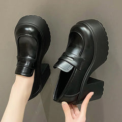 Soufree  -  Black White Chunky Platform Loafers Women Autumn Thick High Heel Pumps Woman Slip On Pu Leather Goth Shoes Female