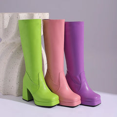 Soufree  -  Purple Pink Green Punk Shoes Knee High Boots Women Square Toe Platform Side Zipper Chunky High Heels Motorcycle Boots Size 47 48