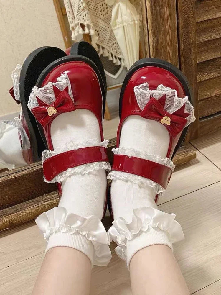 Soufree  -  Japanese Lolita Mary Janes Shoes Women Lace Kawaii Sweet Bow Pumps Shoes Female Cute Bear Round Toe Designer Shoes Summer