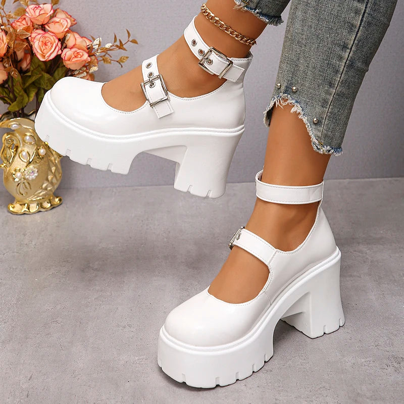 Soufree  -  White Y2K High Heels Pumps Women Spring Chunky Platform Mary Jane Shoes Woman Plus Size Thick Heel Gothic Shoes 42