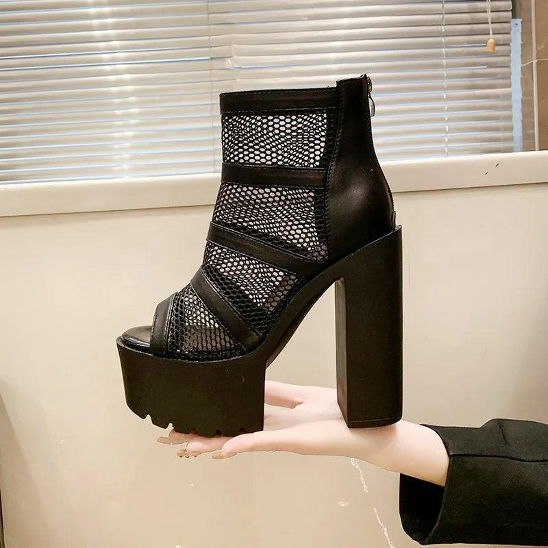 Soufree  -  High Heeled Sandals Women Summer Thick Heel Mesh Yarn Design Boots for Women Waterproof Platform Shoes Hollow Roman Sandals