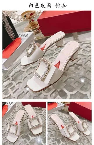 Soufree  -  Square buckle rhinestone fashionable women's shoes new square toe low thick heel open toe elegant sandals for external wear