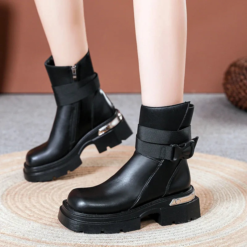 Soufree  -  New Designer Boots Women Chunky Heel Square Toed Ankle Boots Women Mid-calf High PU Leather Zipper Belt Buckle Platform Botas