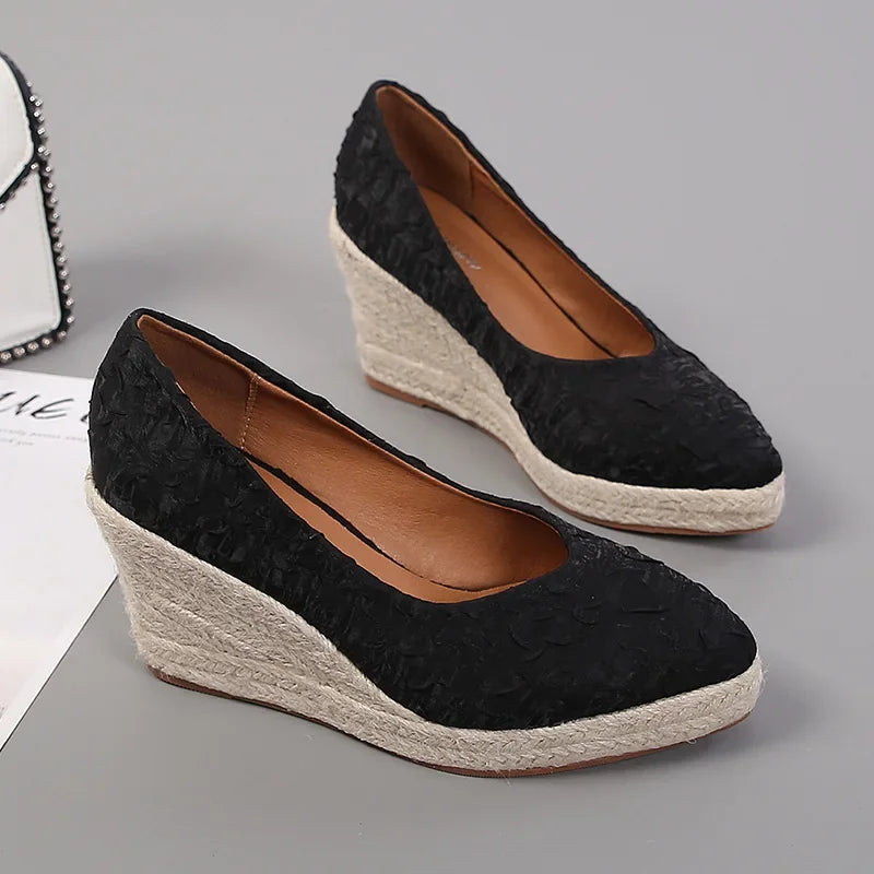 Soufree  -  New Pointed Shallow Mouth Women Wedge Heel Thick Sole Single Shoes Women Straw Woven Twine rope sole Spring Autumn Shoes