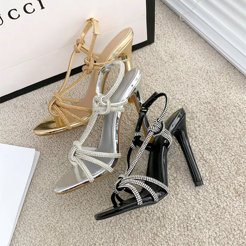 Soufree  -  Rhinestone Stiletto Heel Sandals Women Gold Open Toe Roman Sandals Women Summer Shine Sexy Striptease Heels Party Dress Shoes