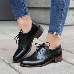 Soufree  -  Spring Autumn Oxfords Shoes for Women British Style Lace Up Round Toe Black White Vintage Brogue Flats Female Derby Shoes 47 48