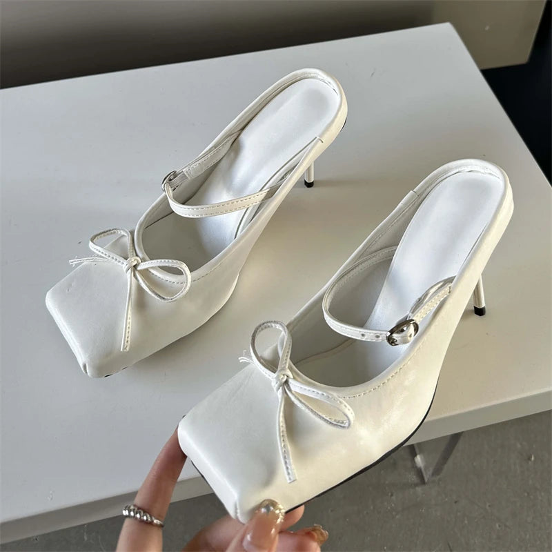 Soufree  -  Designer Bowknot Buckle Strap Pumps Women Sexy Square head Thin Heels Wedding Banquet Dress Mule Ladies Shoes