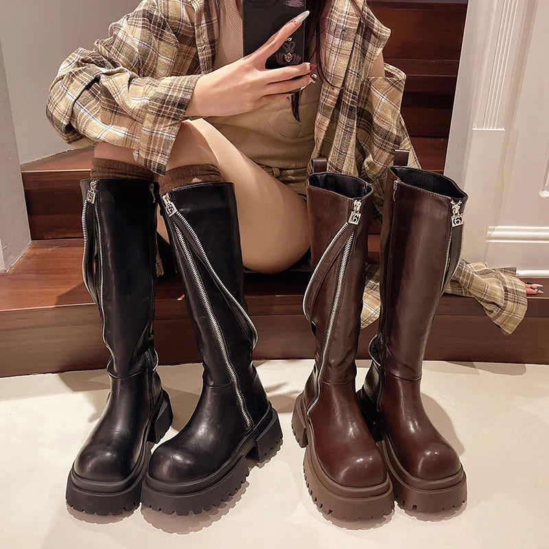 Soufree  -  Street Style Women Modern Boots Fashion Belt Buckle Knee High Booties Autumn Winter Women's Shoes