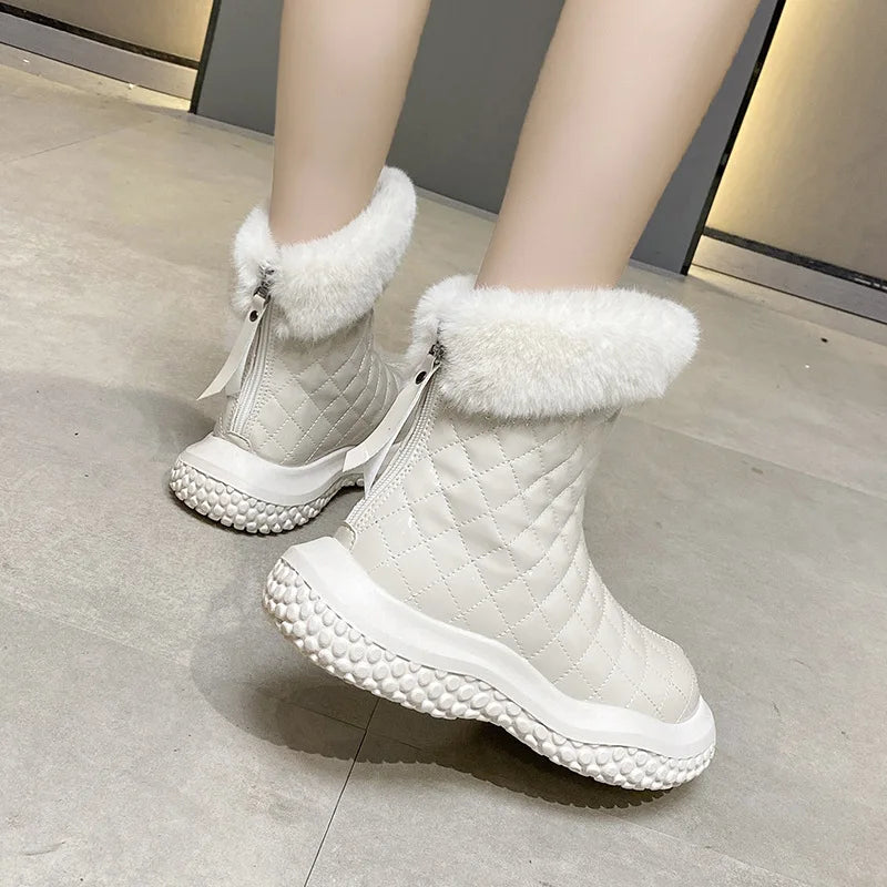 Soufree  -  Hairy Mouth Snow Boots Women's New Winter Round Head Inner Heightened Rear Zipper Short Boots Plush Keep Warm Cotton Boots