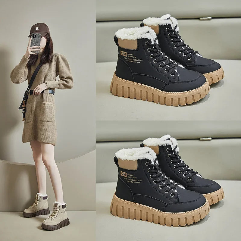 Soufree  -  unique shoes Women's Boots Winter New High Top Women Plush Warm Student Cotton Shoes Thick Soled Lace Up Height Increasing Cotton Boots