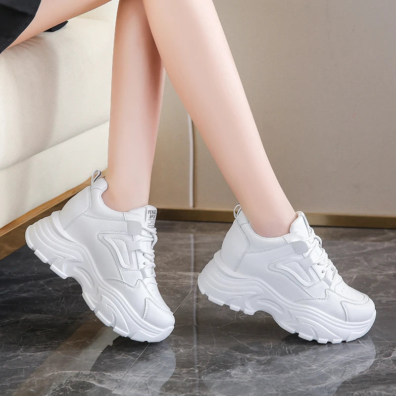 Soufree  -  White Platform Women's Sneakers Autumn Lace-Up Thick Bottom Sports Shoes Woman Pu Leather Breathable Walking Shoes Female