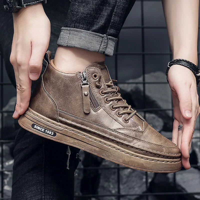 Soufree  -  Men's Casual Boots New High-top Men's Boots Work Business  Side Zipper Men's Sneakers Leather