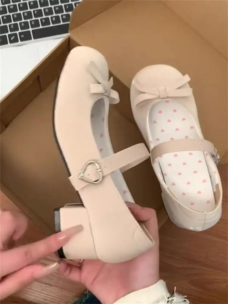 Soufree  -  Kawaii Sweet Mary Janes Shoes Women Summer New Solid Japanese Lolita Platform Shoes Female Heart Buckle Bow Fashion Shoes