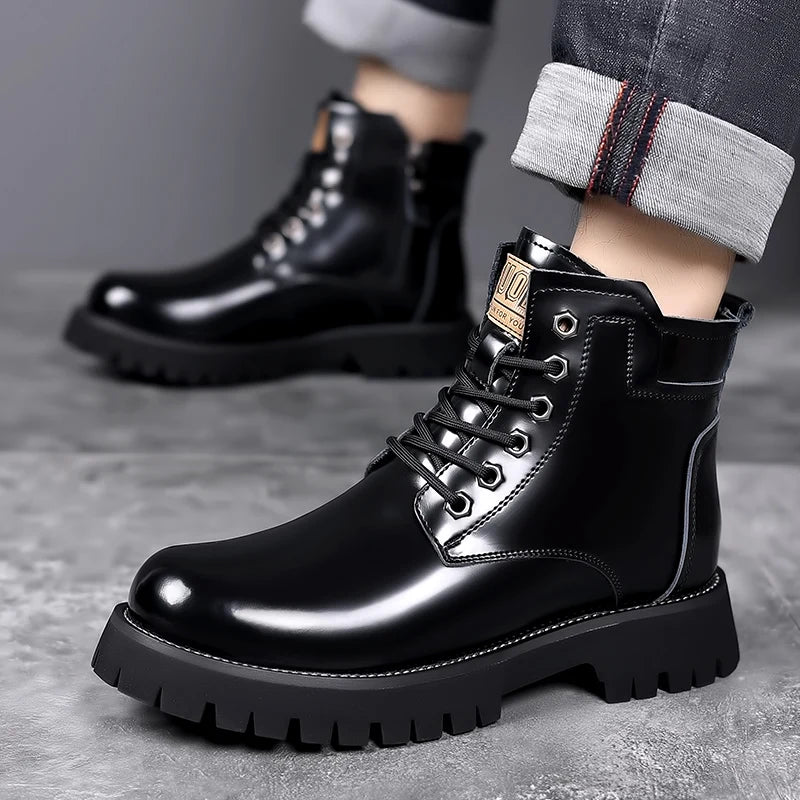 Soufree  -  Hot Selling Men's Leather Boots Winter Thick Bottomed Work Boots British Style High Top Shoes Men's Retro Business Boots